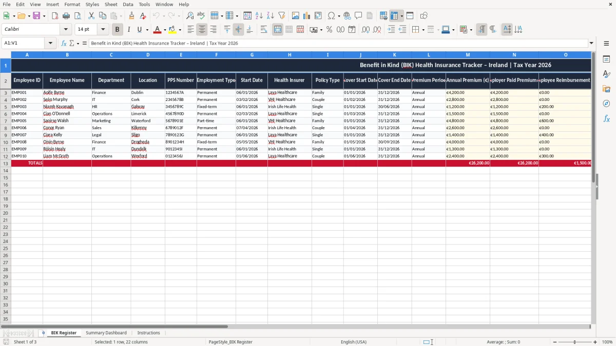 Screenshot 1: BIK Register tab - Excel template benefit in kind health insurance excel template ireland