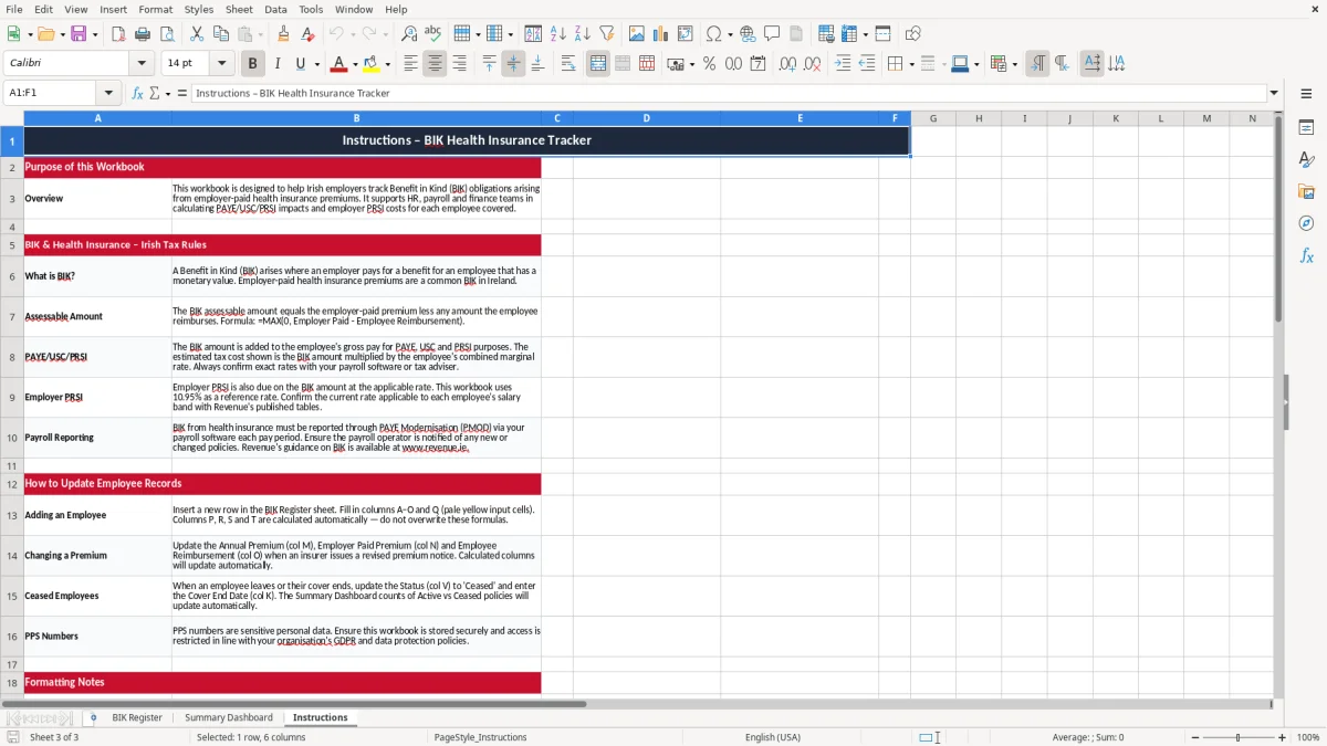Screenshot 3: Instructions tab - Excel template benefit in kind health insurance excel template ireland