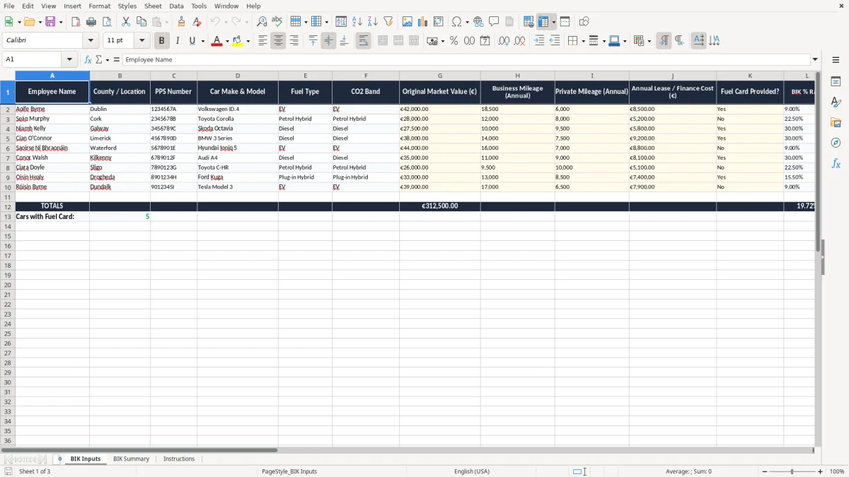 Screenshot 1: BIK Inputs tab - Excel template bik company car calculation excel spreadsheet ireland