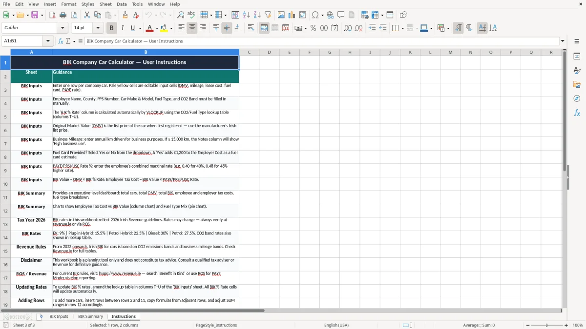 Screenshot 3: Instructions tab - Excel template bik company car calculation excel spreadsheet ireland