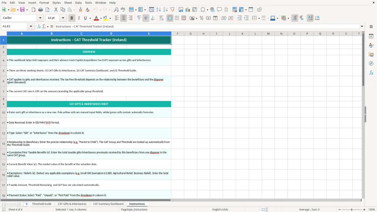 Screenshot 4: Instructions tab - Excel template capital acquisitions tax cat threshold tracker excel template ireland