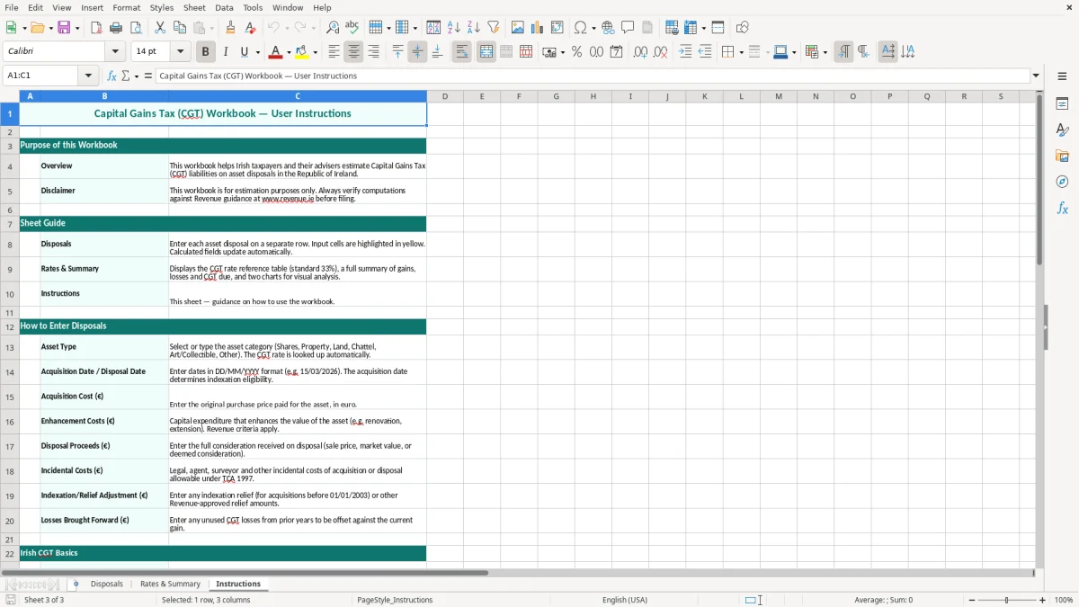 Screenshot 3: Instructions tab - Excel template capital gains tax cgt computation excel spreadsheet ireland