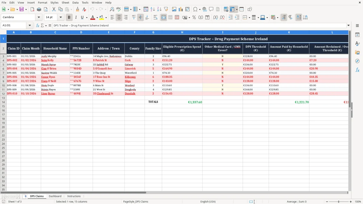 Screenshot 1: DPS Claims tab - Excel template drug payment scheme dps tracker excel spreadsheet ireland