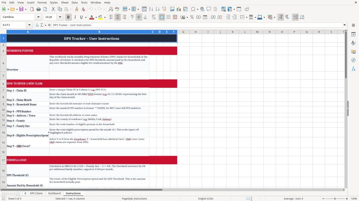 Screenshot 3: Instructions tab - Excel template drug payment scheme dps tracker excel spreadsheet ireland