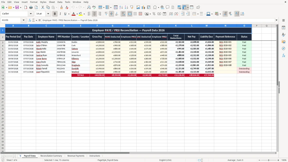 Screenshot 1: Payroll Data tab - Excel template employer paye prsi reconciliation excel template ireland
