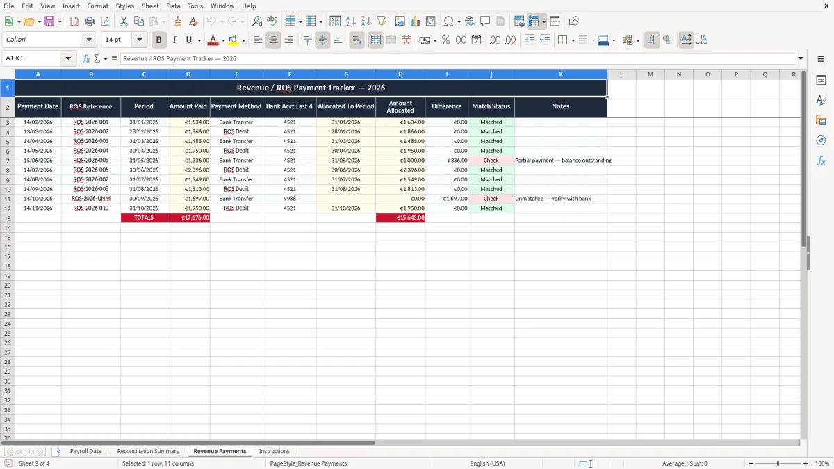 Screenshot 3: Revenue Payments tab - Excel template employer paye prsi reconciliation excel template ireland