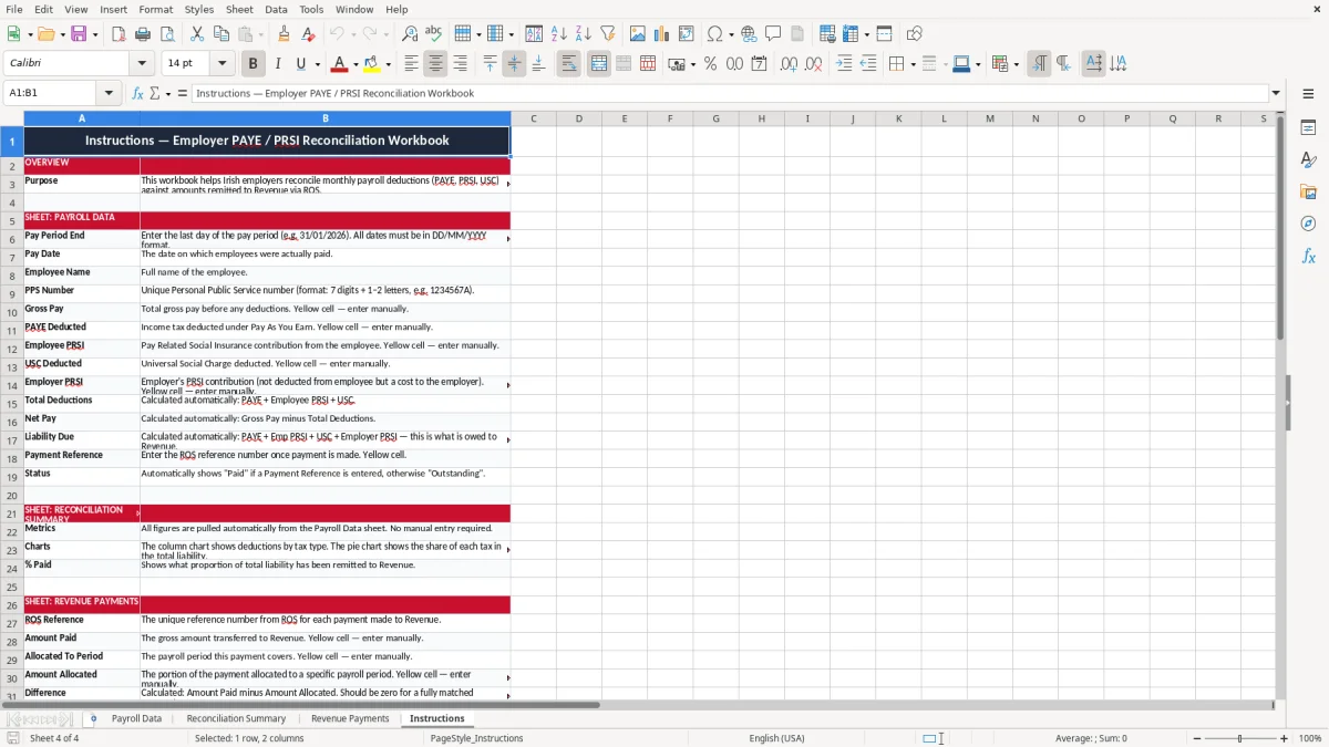 Screenshot 4: Instructions tab - Excel template employer paye prsi reconciliation excel template ireland