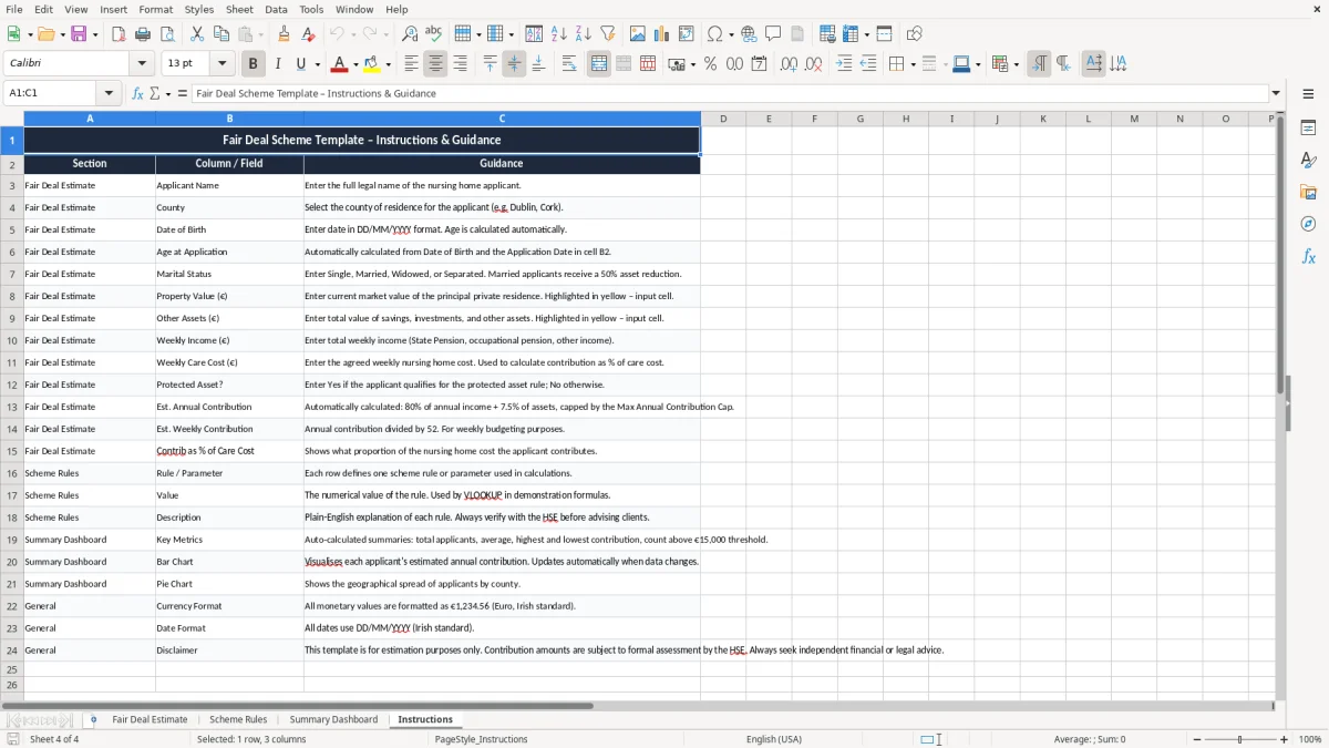 Screenshot 4: Instructions tab - Excel template fair deal scheme contribution estimate excel template ireland