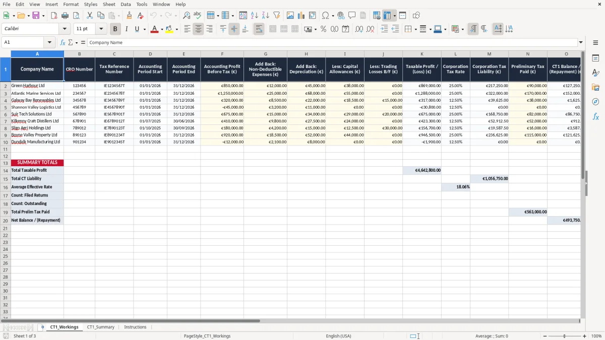 Skärmbild 1: fliken CT1_Workings - Excelmall form ct1 corporation tax workings excel template ireland