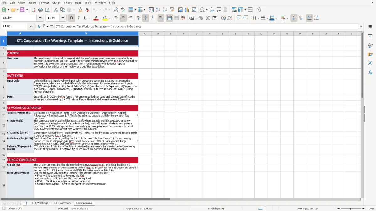Skärmbild 3: fliken Instructions - Excelmall form ct1 corporation tax workings excel template ireland