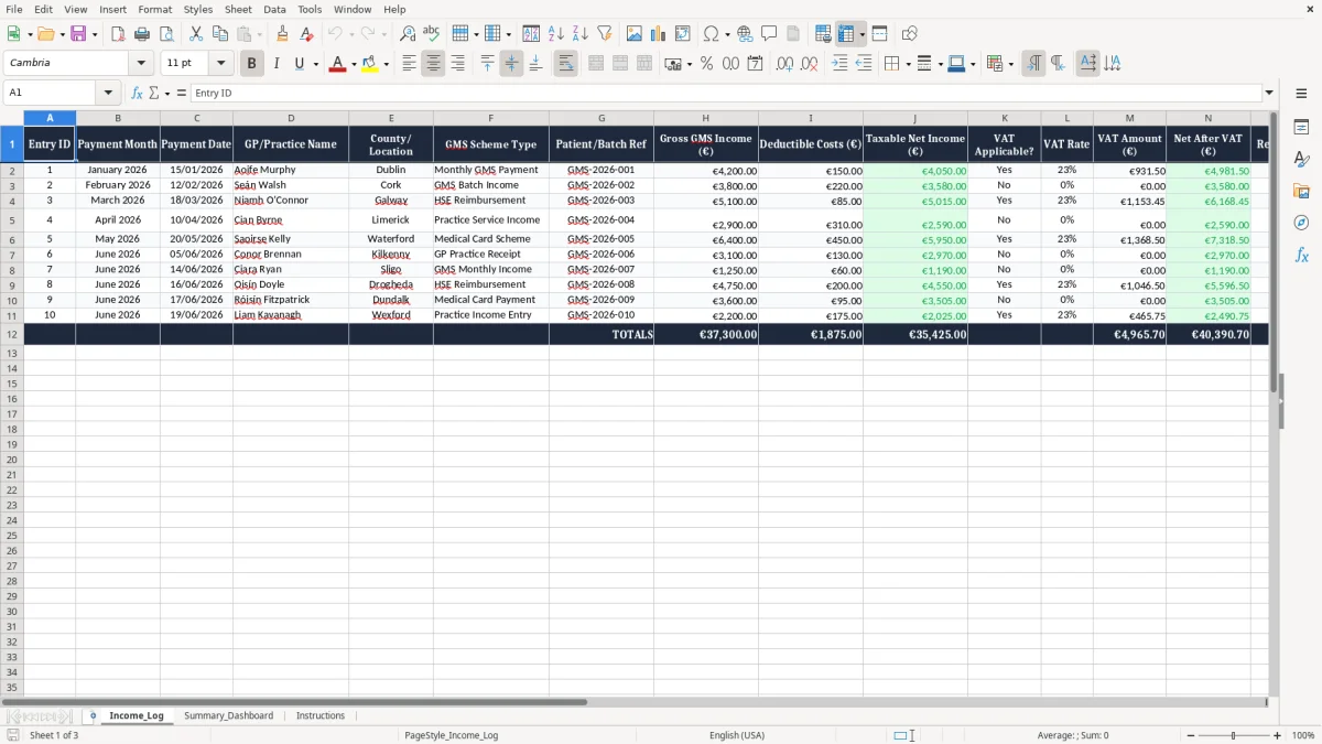 Screenshot 1: Income_Log tab - Excel template gms medical card income tracker excel template ireland