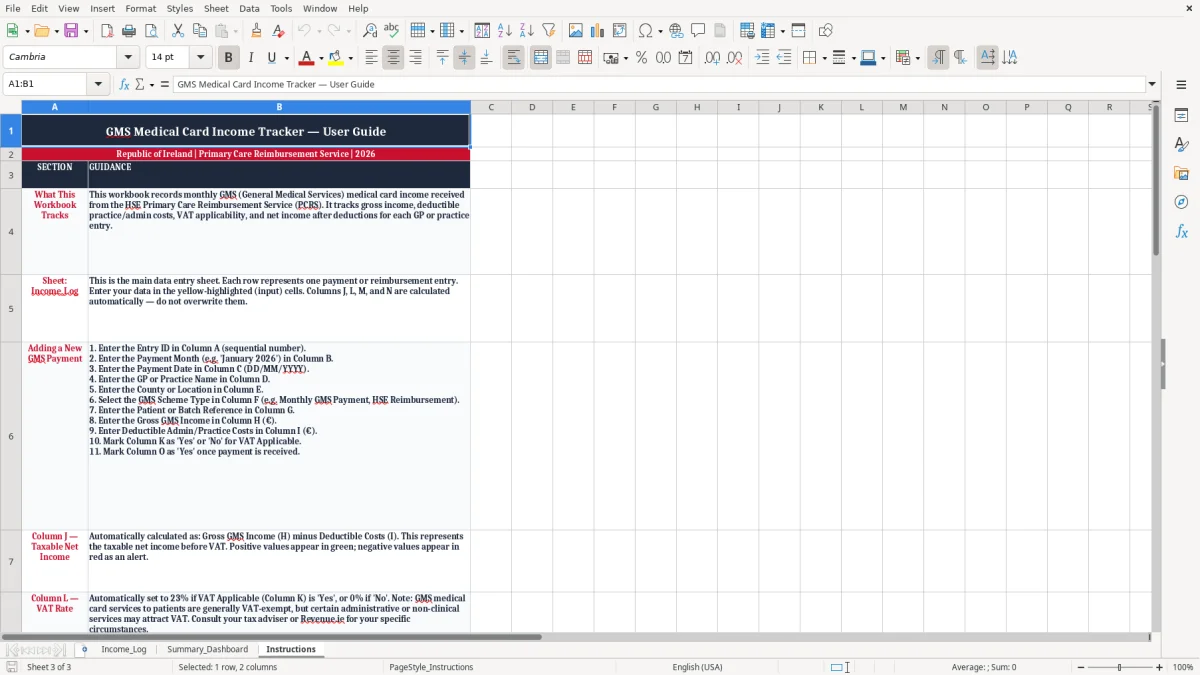 Screenshot 3: Instructions tab - Excel template gms medical card income tracker excel template ireland