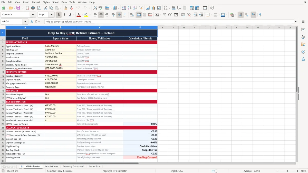 Screenshot 1: HTB Estimator tab - Excel template help to buy htb refund estimate excel template ireland