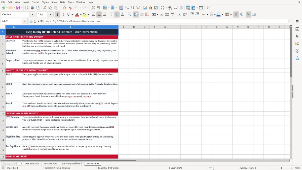 Screenshot 4: Instructions tab - Excel template help to buy htb refund estimate excel template ireland