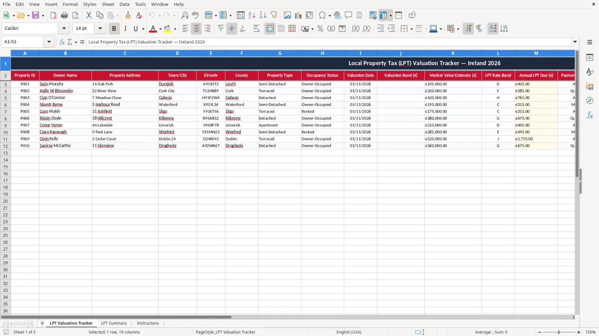 Screenshot 1: LPT Valuation Tracker tab - Excel template local property tax lpt valuation tracker excel spreadsheet ireland