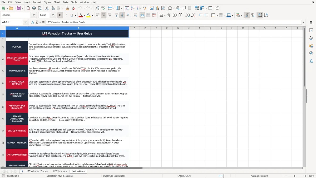 Screenshot 3: Instructions tab - Excel template local property tax lpt valuation tracker excel spreadsheet ireland