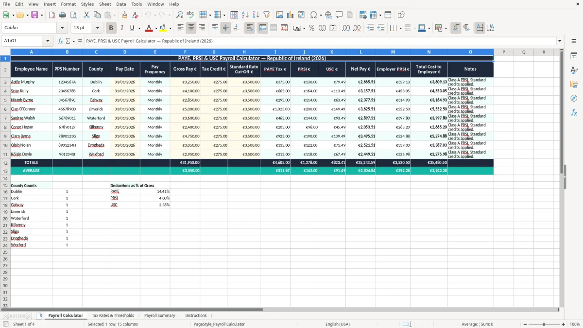Screenshot 1: Payroll Calculator tab - Excel template paye prsi usc payroll calculator excel spreadsheet ireland