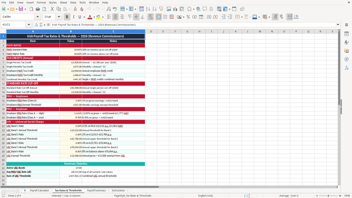 Screenshot 2: Tax Rates & Thresholds tab - Excel template paye prsi usc payroll calculator excel spreadsheet ireland