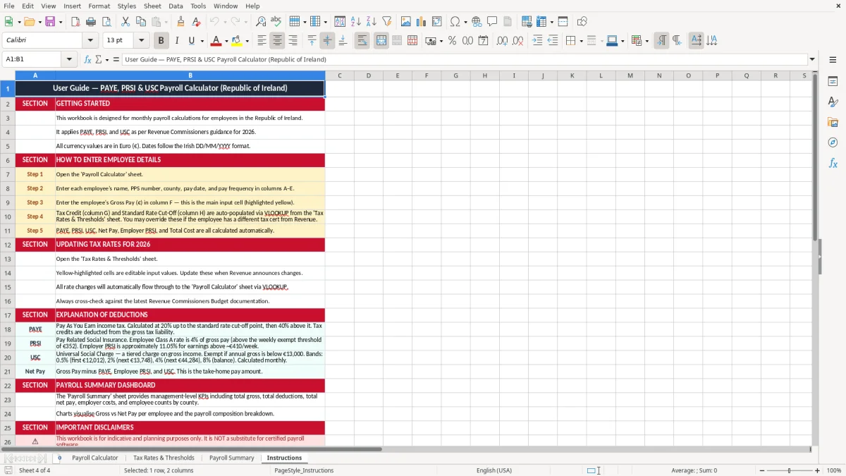 Screenshot 4: Instructions tab - Excel template paye prsi usc payroll calculator excel spreadsheet ireland