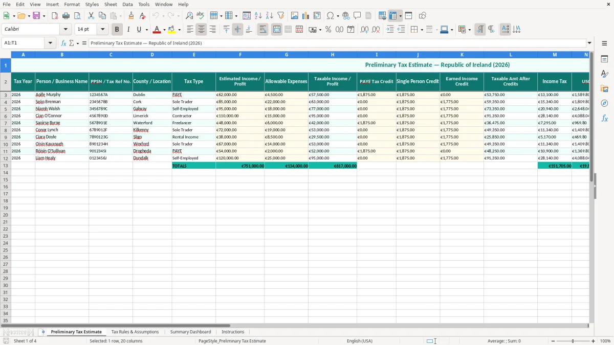 Screenshot 1: Preliminary Tax Estimate tab - Excel template preliminary tax estimate excel template ireland