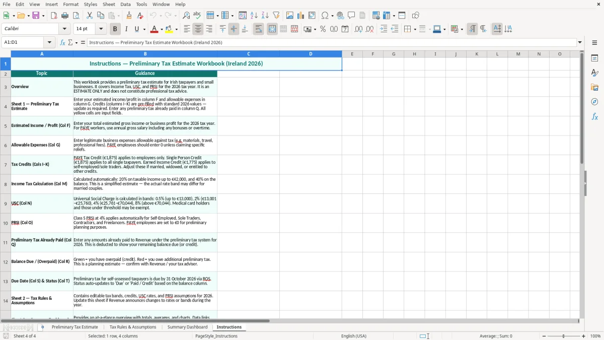 Screenshot 4: Instructions tab - Excel template preliminary tax estimate excel template ireland