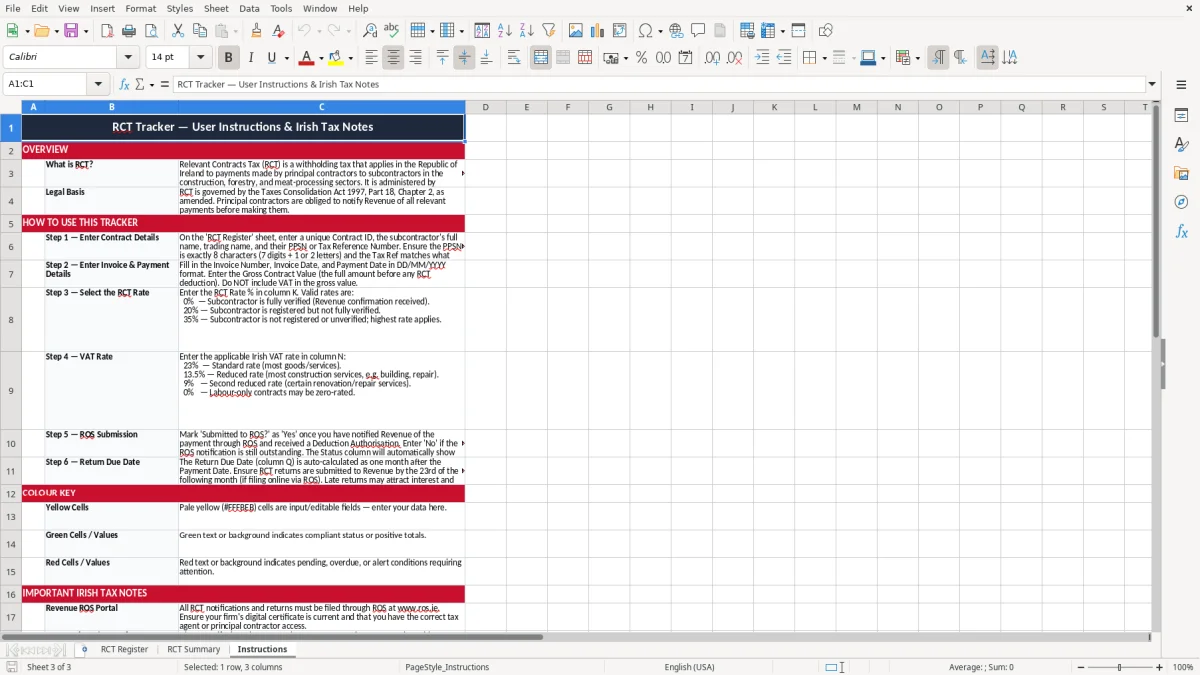 Screenshot 3: Instructions tab - Excel template rct relevant contracts tax tracker excel spreadsheet ireland