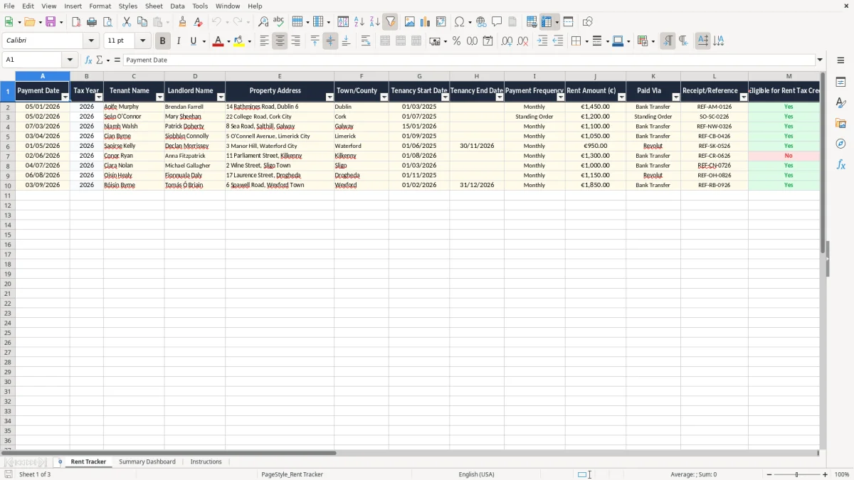 Screenshot 1: Rent Tracker tab - Excel template rent tax credit tracker excel spreadsheet ireland