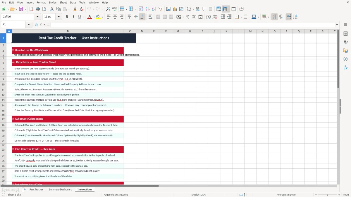 Screenshot 3: Instructions tab - Excel template rent tax credit tracker excel spreadsheet ireland