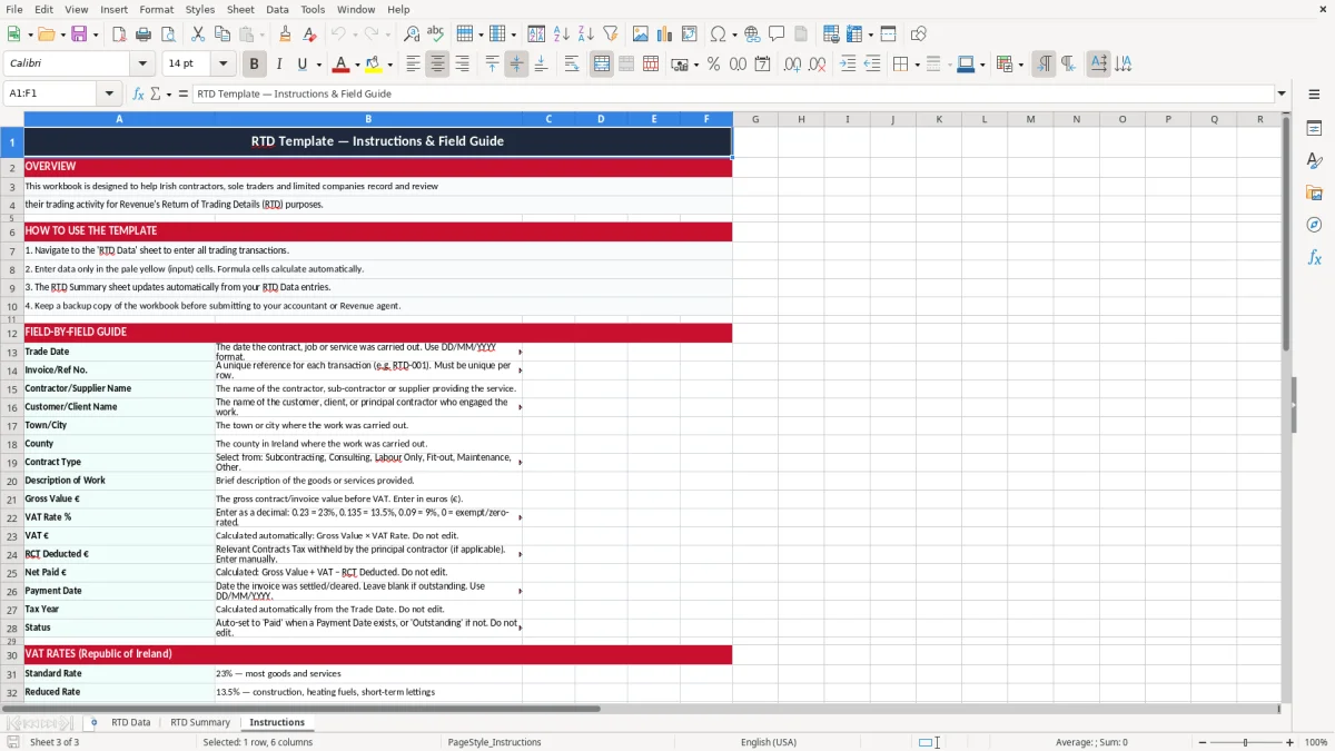 Skärmbild 3: fliken Instructions - Excelmall return of trading details rtd excel template ireland