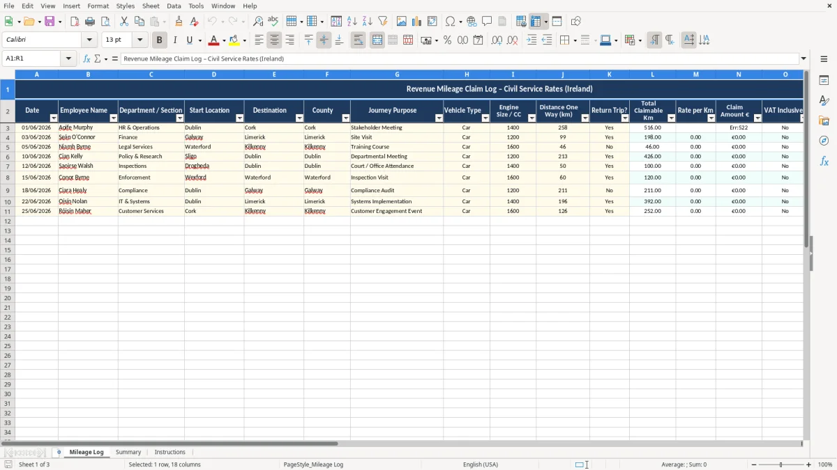 Screenshot 1: Mileage Log tab - Excel template revenue mileage civil service rates log excel spreadsheet ireland