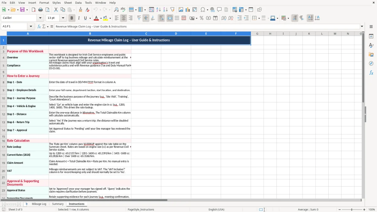 Screenshot 3: Instructions tab - Excel template revenue mileage civil service rates log excel spreadsheet ireland