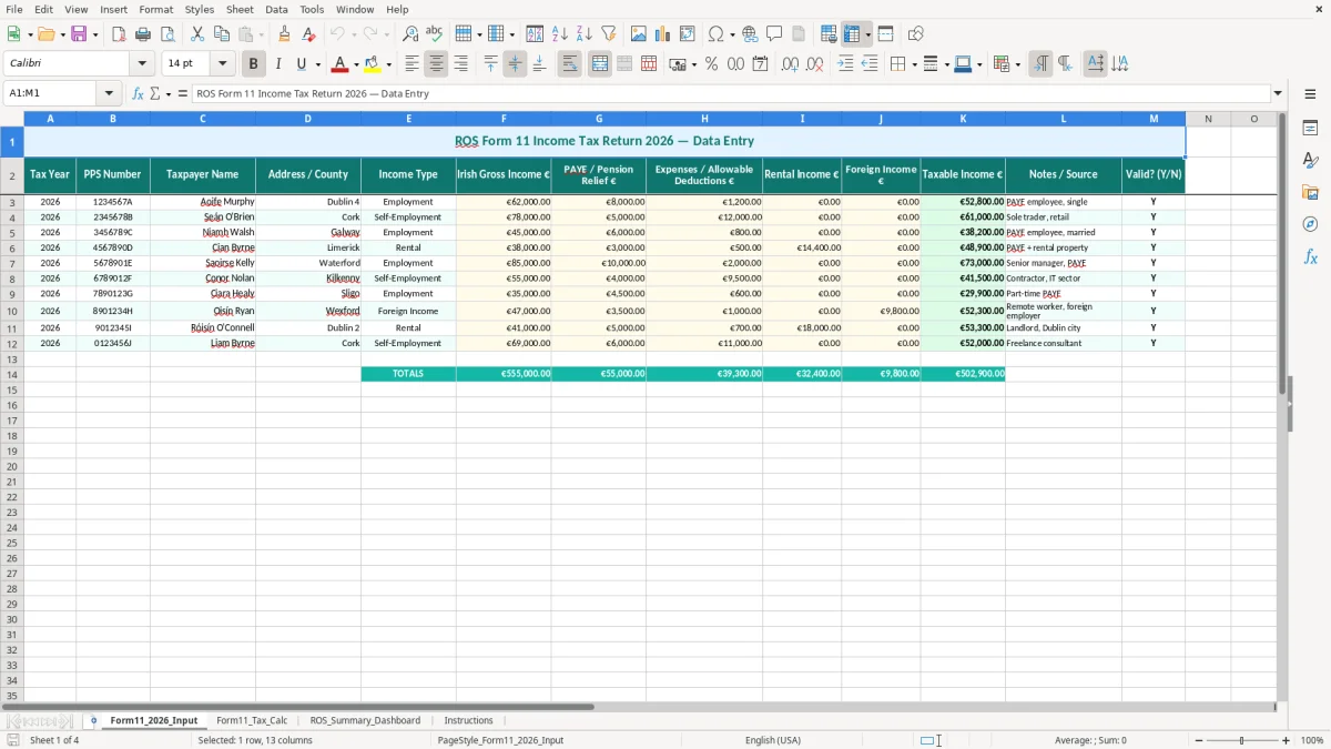 Skärmbild 1: fliken Form11_2026_Input - Excelmall ros form 11 income tax excel spreadsheet ireland