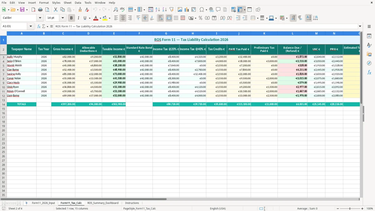 Skärmbild 2: fliken Form11_Tax_Calc - Excelmall ros form 11 income tax excel spreadsheet ireland