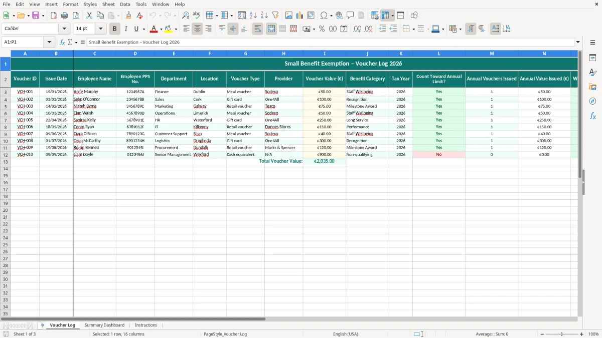 Screenshot 1: Voucher Log tab - Excel template small benefit exemption voucher tracker excel template ireland