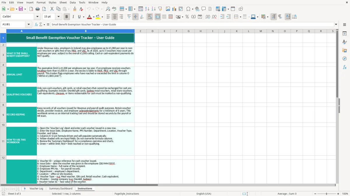 Screenshot 3: Instructions tab - Excel template small benefit exemption voucher tracker excel template ireland