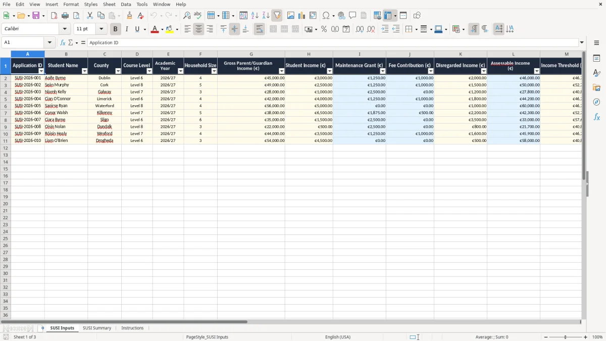 Screenshot 1: SUSI Inputs tab - Excel template susi grant income calculation excel spreadsheet ireland
