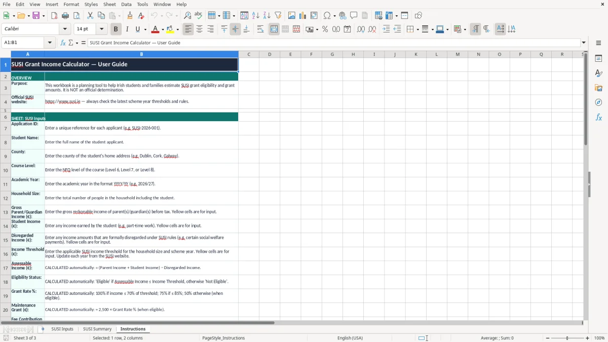 Screenshot 3: Instructions tab - Excel template susi grant income calculation excel spreadsheet ireland