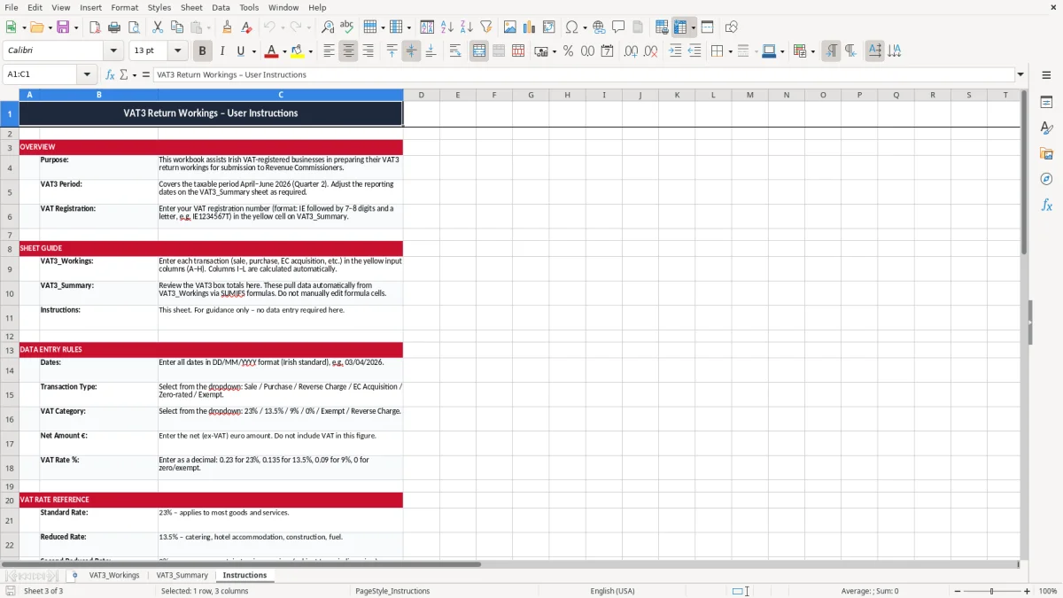 Skärmbild 3: fliken Instructions - Excelmall vat3 return workings excel spreadsheet ireland