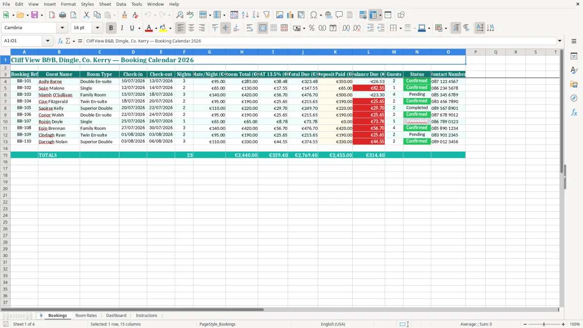 Screenshot 1: Bookings tab - Excel template b and b booking calendar excel spreadsheet ireland