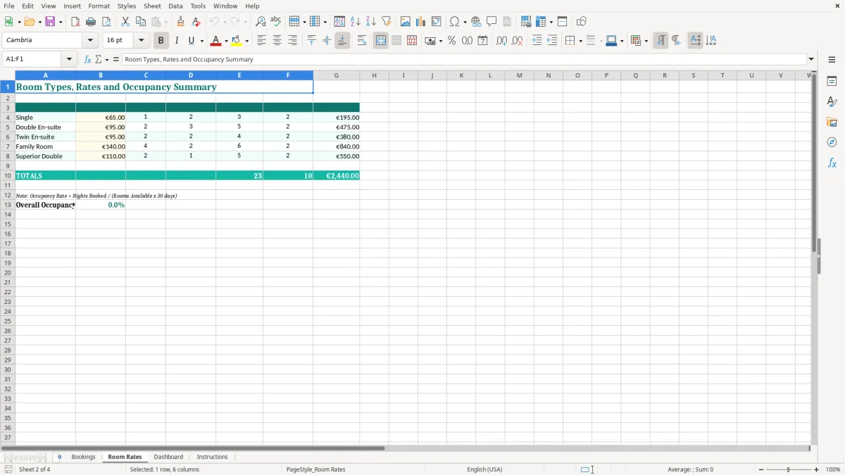 Screenshot 2: Room Rates tab - Excel template b and b booking calendar excel spreadsheet ireland