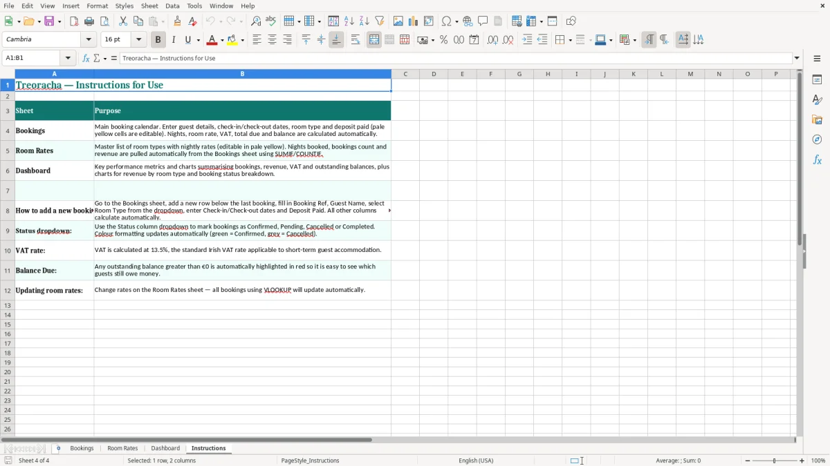 Screenshot 4: Instructions tab - Excel template b and b booking calendar excel spreadsheet ireland