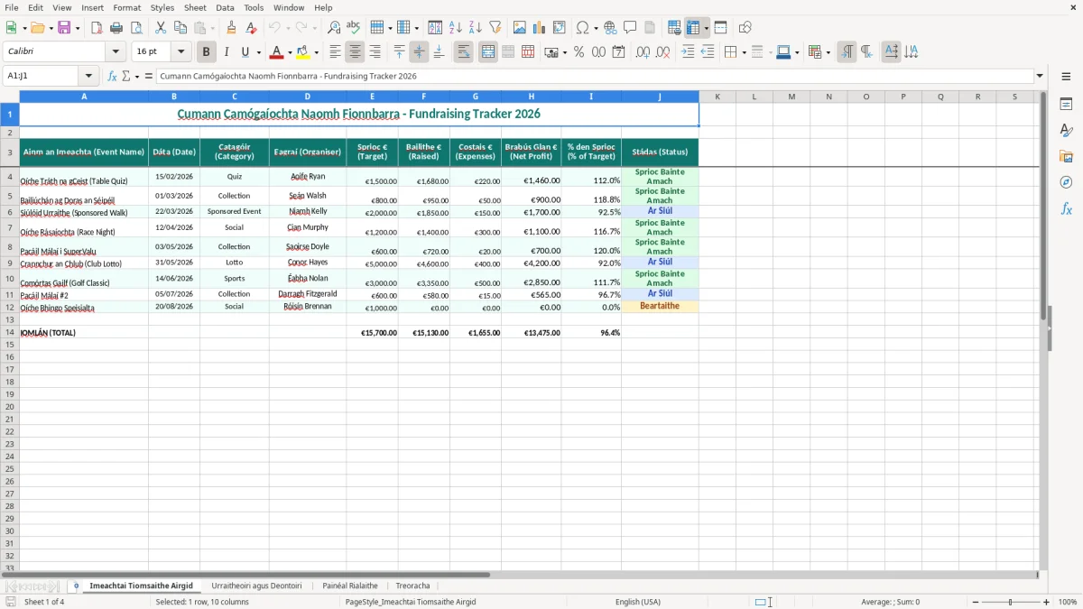 Screenshot 1: Imeachtai Tiomsaithe Airgid tab - Excel template camogie club fundraising tracker excel template ireland
