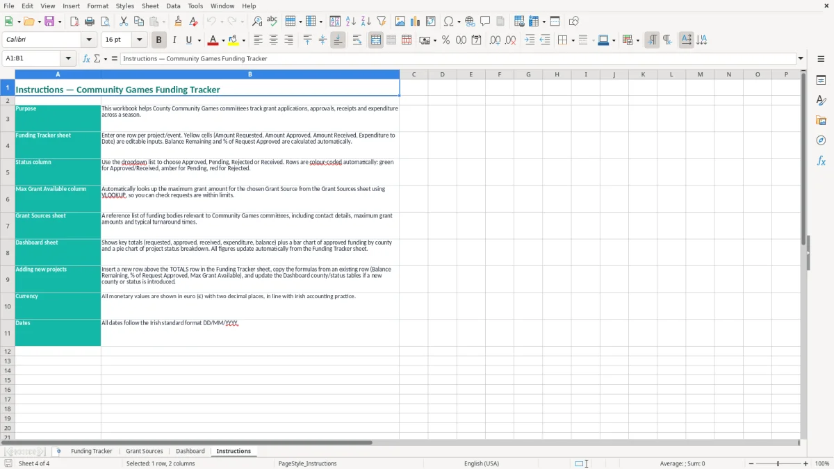 Screenshot 4: Instructions tab - Excel template community games funding tracker excel template ireland
