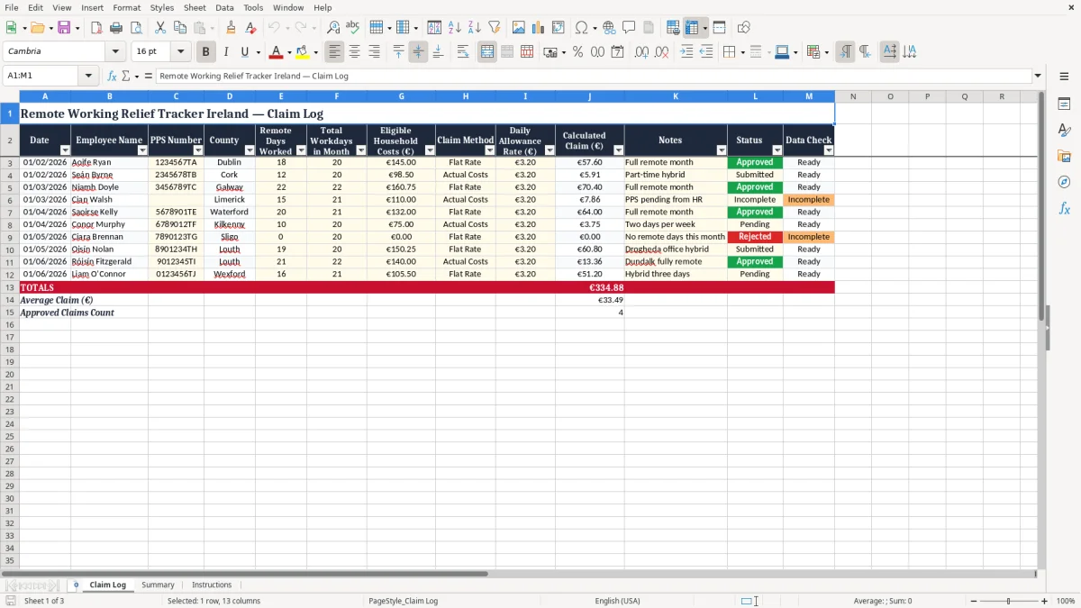 Screenshot 1: Claim Log tab - Excel template eworking remote working relief excel spreadsheet ireland