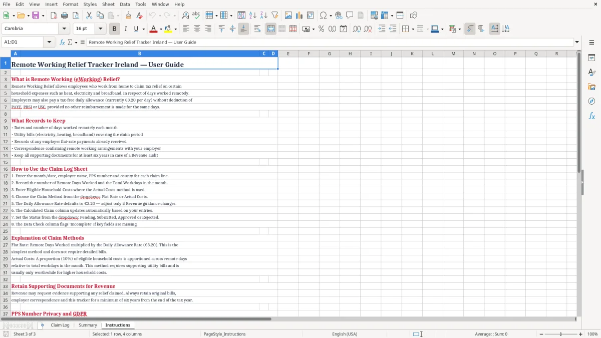 Screenshot 3: Instructions tab - Excel template eworking remote working relief excel spreadsheet ireland