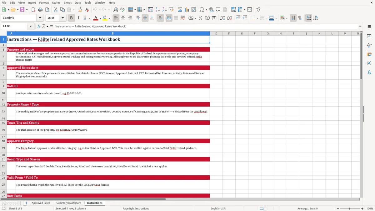 Screenshot 3: Instructions tab - Excel template failte ireland approved rates sheet excel spreadsheet ireland