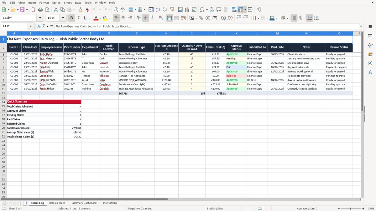 Screenshot 1: Claim Log tab - Excel template flat rate expenses claim excel template ireland