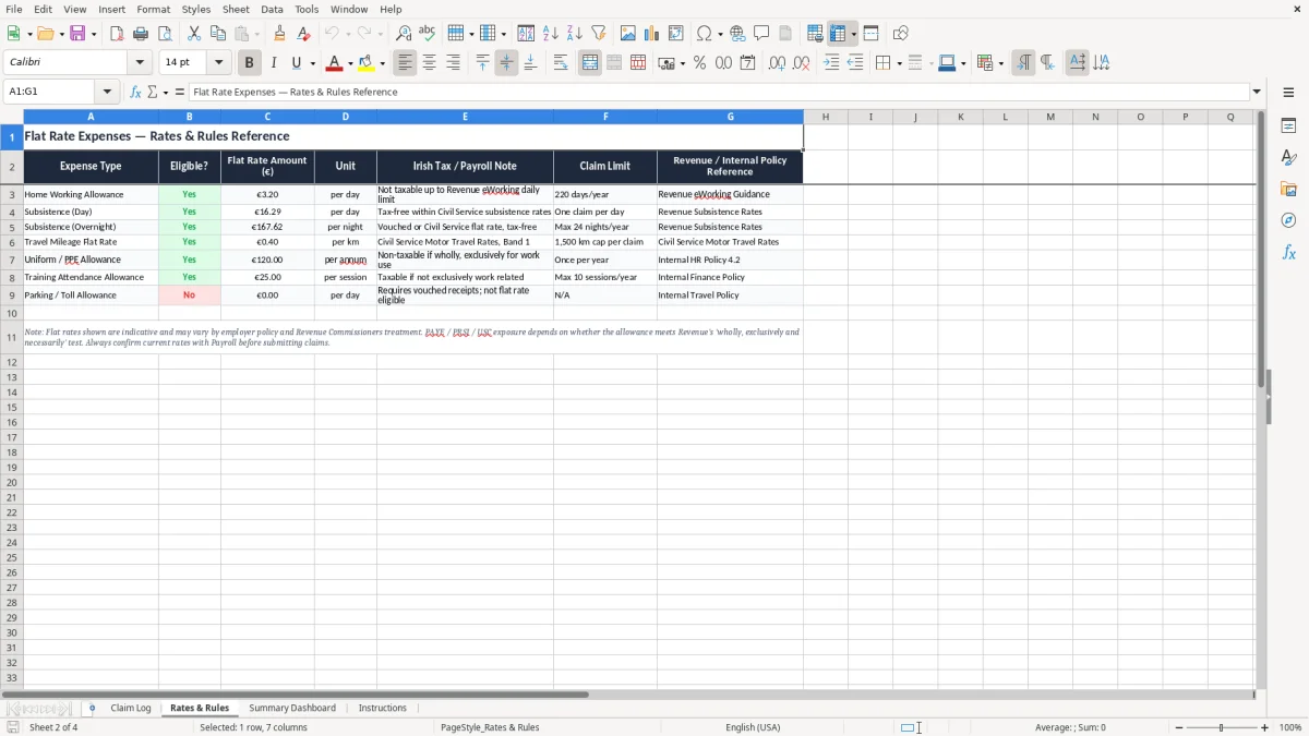 Screenshot 2: Rates & Rules tab - Excel template flat rate expenses claim excel template ireland