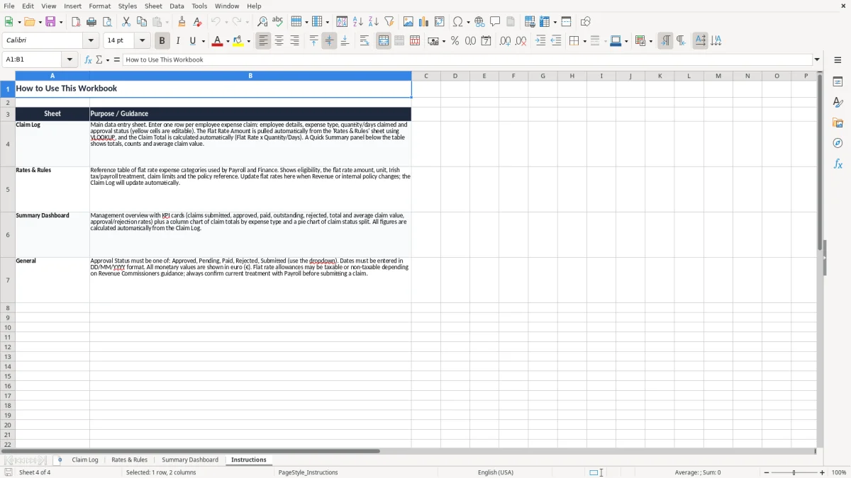 Screenshot 4: Instructions tab - Excel template flat rate expenses claim excel template ireland