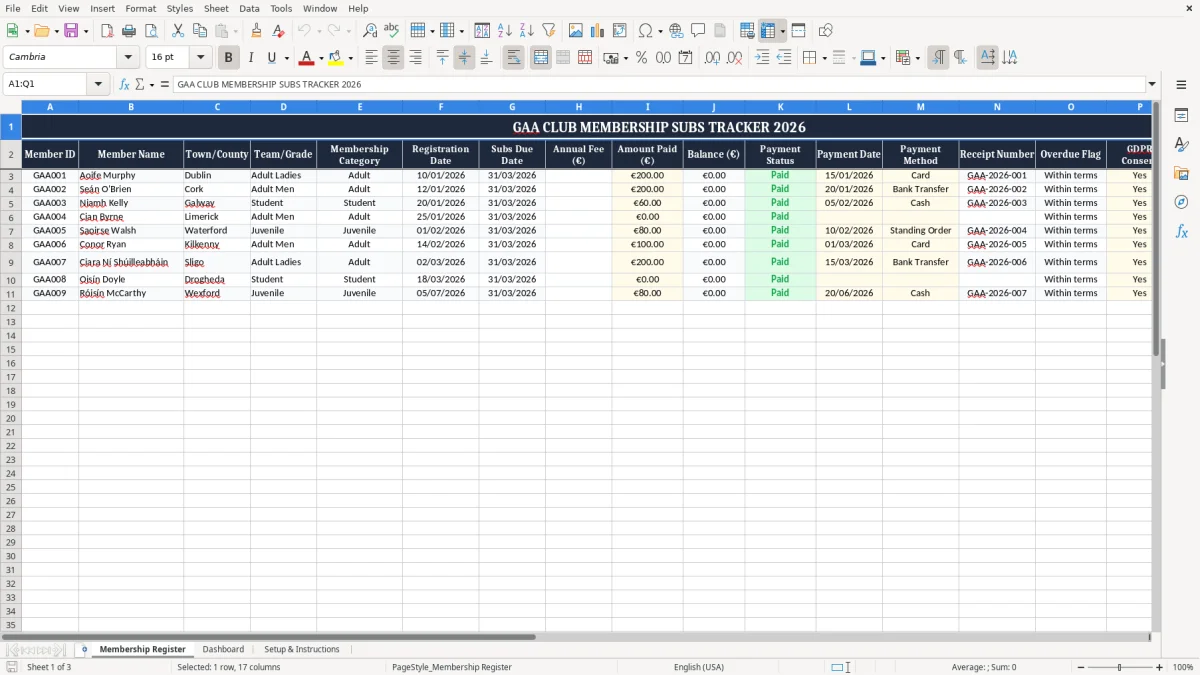 Screenshot 1: Membership Register tab - Excel template gaa club membership subs tracker excel spreadsheet ireland